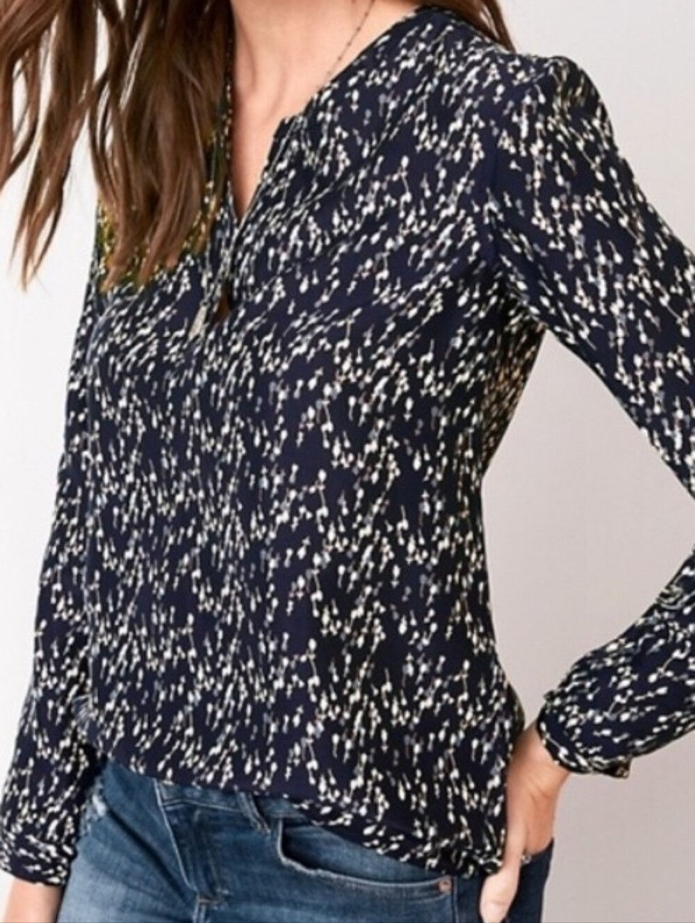 Garnet Hill Silk Split Neck Blouse Navy Print
